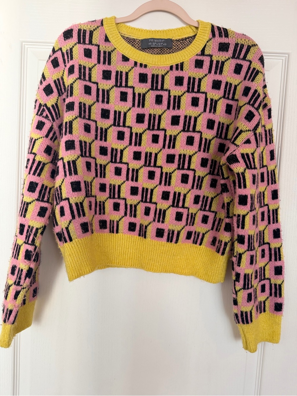 Primark Pink, Yellow & Black Geometric Crewneck Sweater